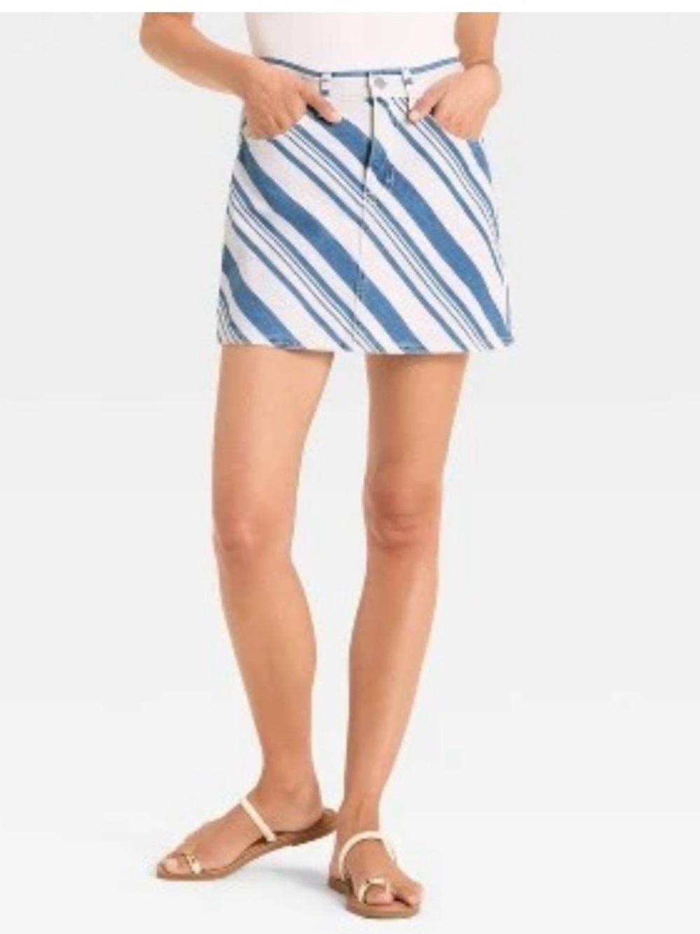 Blue and White Diagonal Stripe Mini Skirt